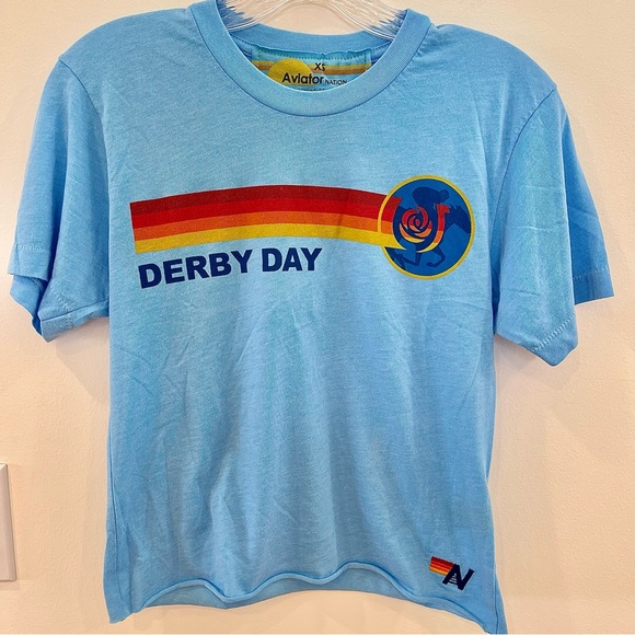 NWT Aviator Nation Kentucky Derby Cropped boyfriend T Shirt sky Blue 2023 - Picture 1 of 16